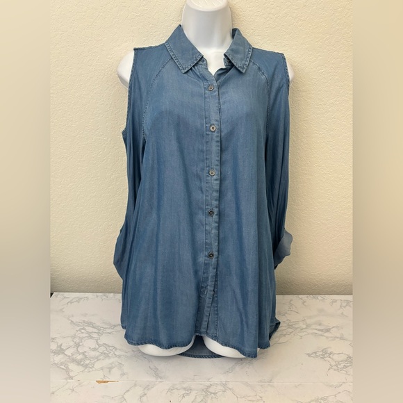 Style & Co. Tops - Style & Co Blue Chambray Top Women's S Button Down Sleeveless Cold Shoulder